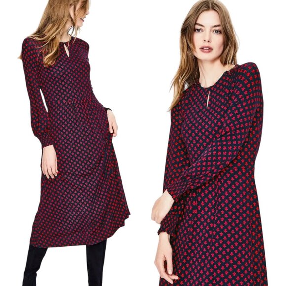 BODEN Eliza Floral Midi Dress Sz.6 Black Red Stretch Whimsigoth Boho Career - Picture 1 of 13